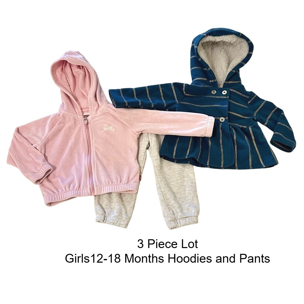 3 Piece Girls Carter's 12M Blue Gold Jacket Levi's Pink Velour Zip Hoodie‎ Pants